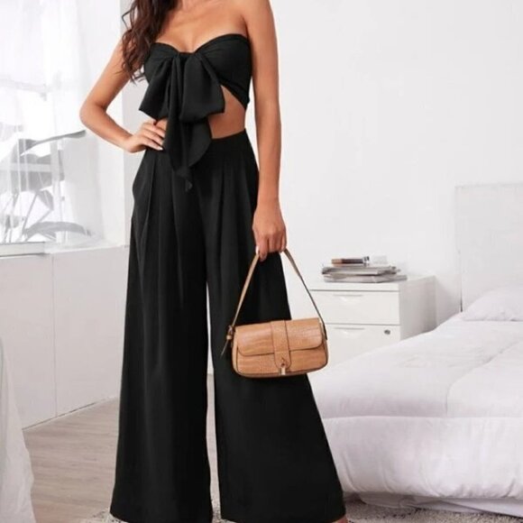 Boho 2 Piece Tie Front Tube Top & Pleated Wide Leg Pants Set  black - Picture 1 of 5